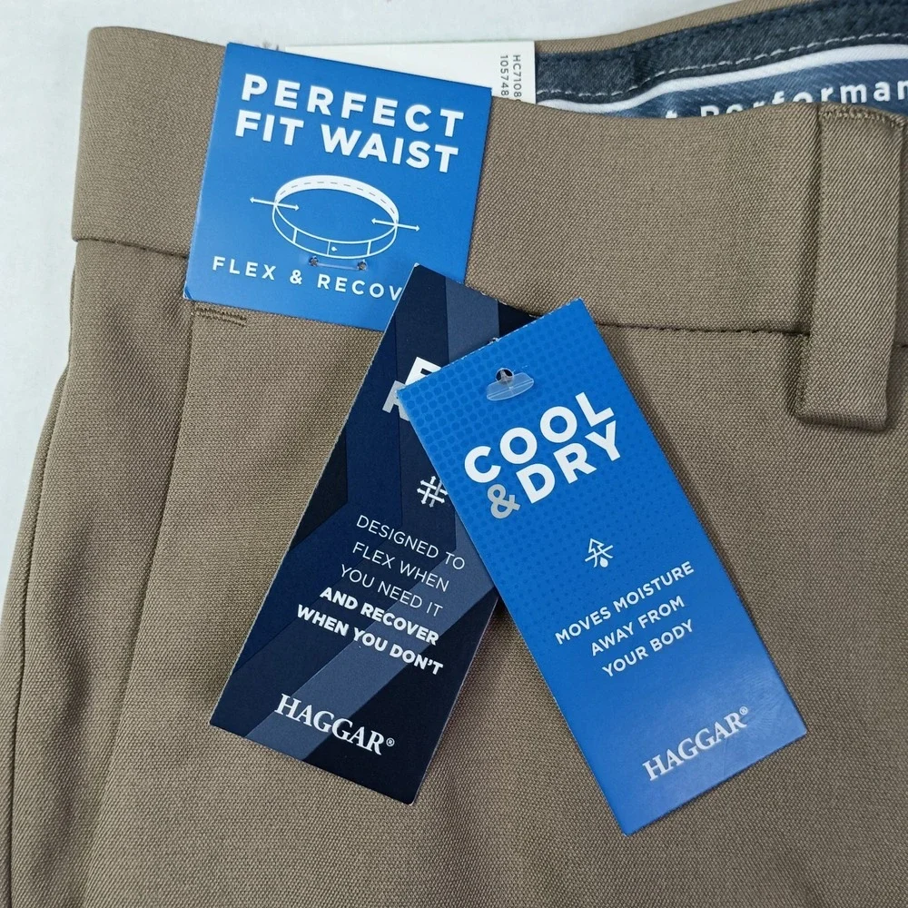 Haggar Cool Right Performance Flex Straight Fit Pants Men's Size 34x30 Khaki New